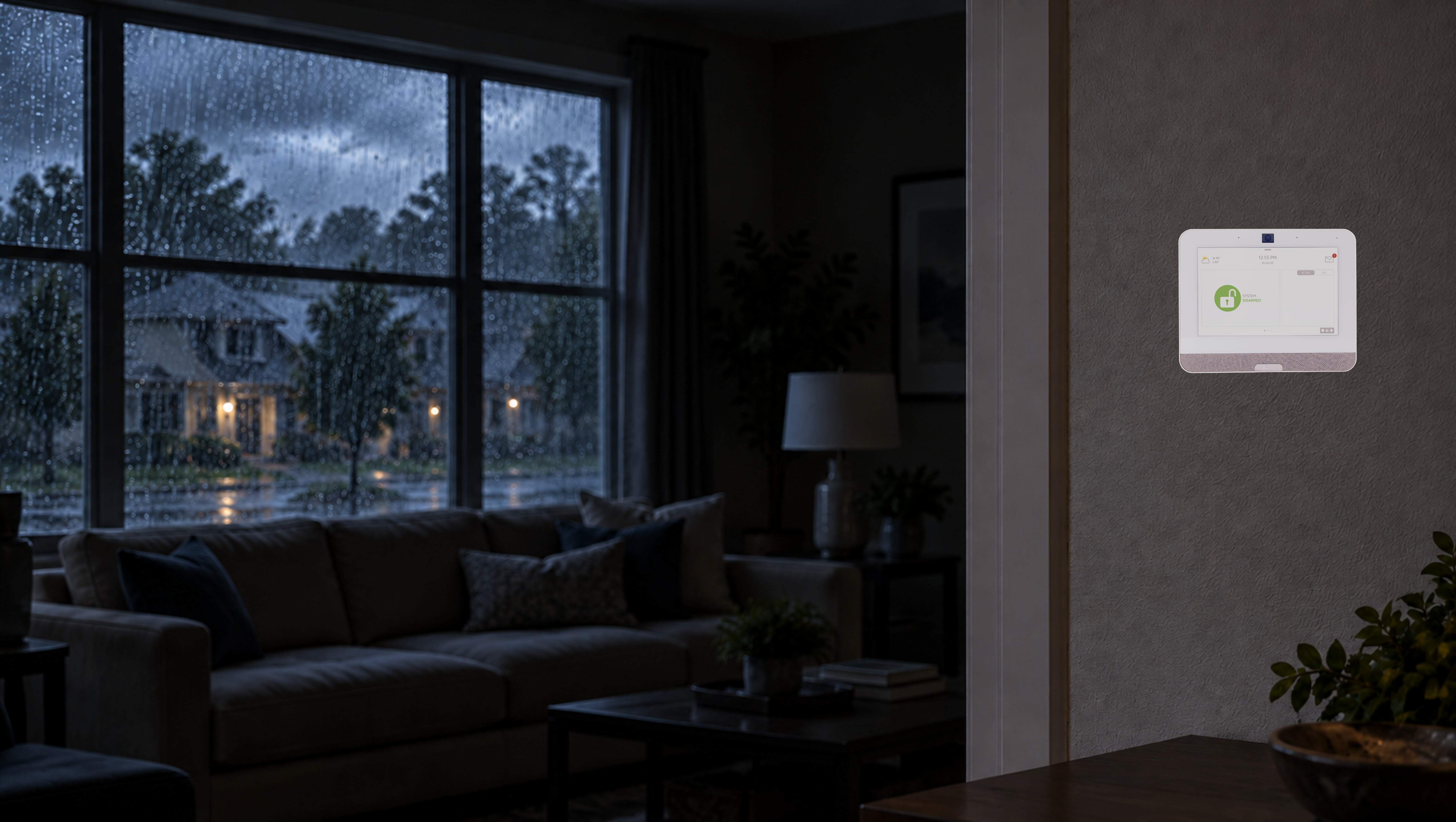 Illuminated home security keypad operating during a storm-related power outage